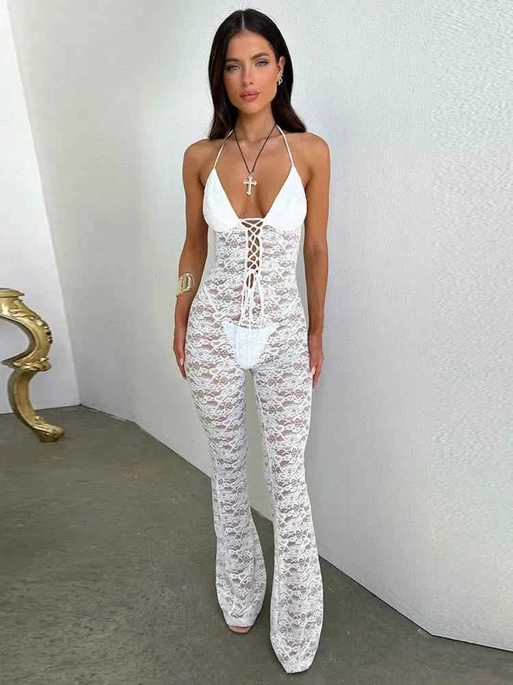 GACVGA Sexy Lace See Through Women Jumpsuit Backless Slim Streetwear Bandage Romper Lady Elegant Summer Party Nightclub Jumpsuit