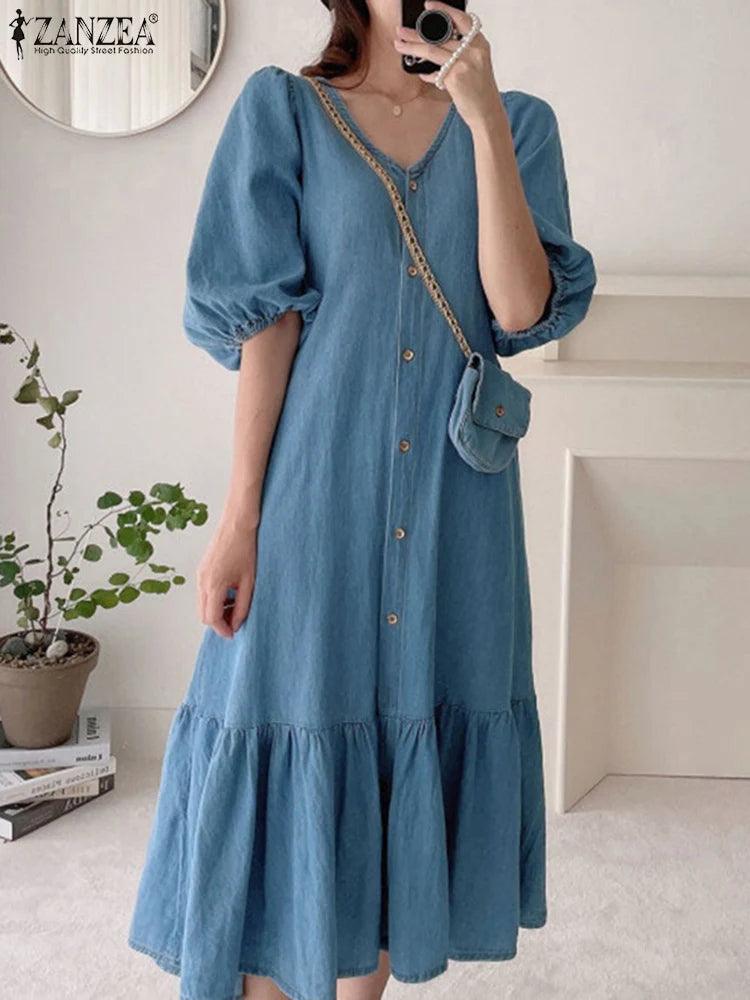 Mulheres Denim Azul Robes Longue ZANZEA Oversized Moda Verão Puff Sleeve Maxi Vestidos Retro Vestido Casual Sólido Vestido de Verão Largo - CRAVO ROSE