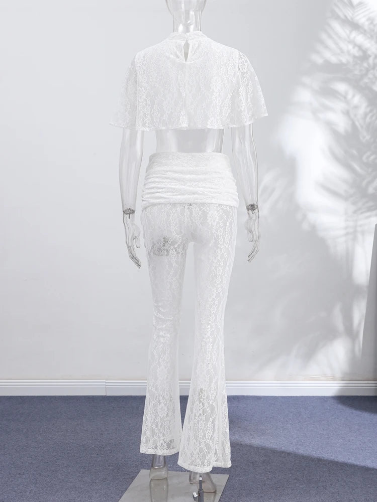 Women Floral Sheer Top Lace Two Piece Set High Neck Cape Sleeve Cropped High Waist Pants See-Through Flared Trousers Summer Wear