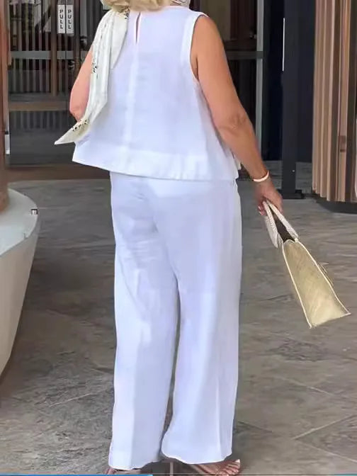 Terno feminino simples de algodão e linho, moda verão, blusa solta sem mangas, calças de perna larga, conjunto de duas peças para mulheres, roupas casuais
