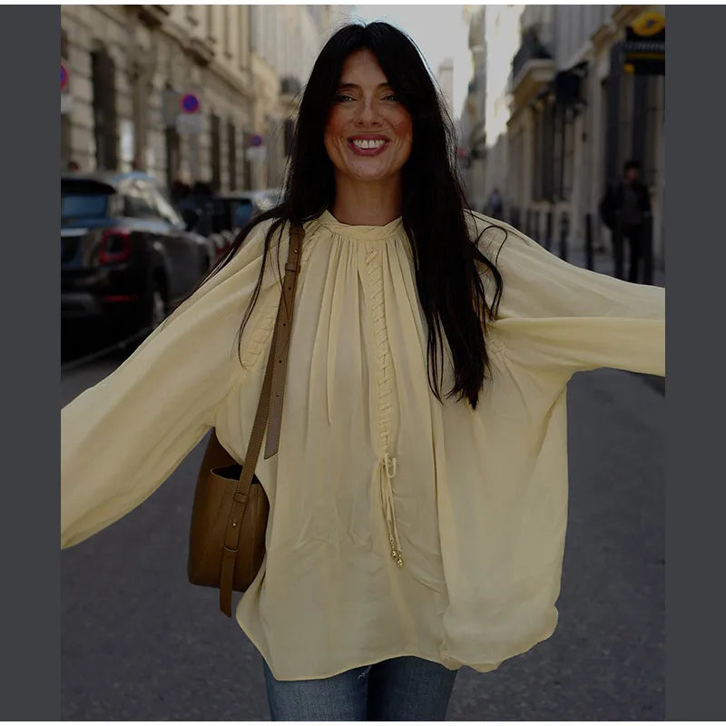 Blusa de chiffon com babados e manga comprida, blusa feminina casual solta, gola V, manga comprida, blusa de rua, primavera/verão 2025