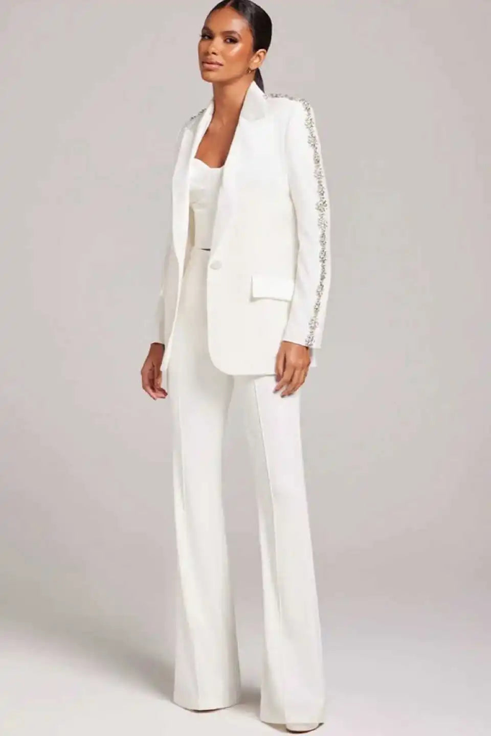 3 Pieces Crystal Women Pants Suits Ladies Shiny Beading Prom Birthday Party Formal Wear Outfit Flared Trousers Customized