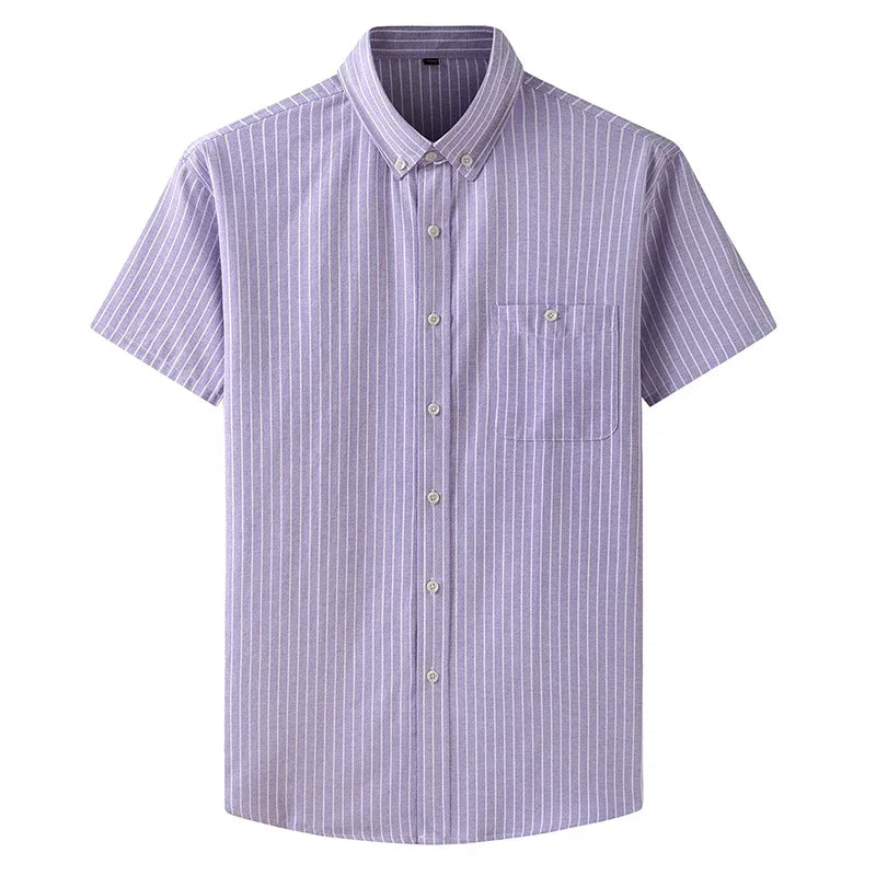 New Summer Men Striped Short Sleeve Shirt Men Dress Shirts Pure Color Business Work Button Up Shirt Big Social Korean Clothes