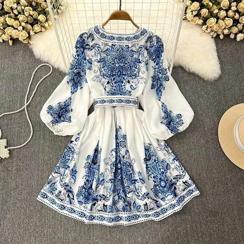 Vestido feminino elegante  manga lanterna, decote em V, estampa boho, vestido vintage, cinto solto, vestidos de festa