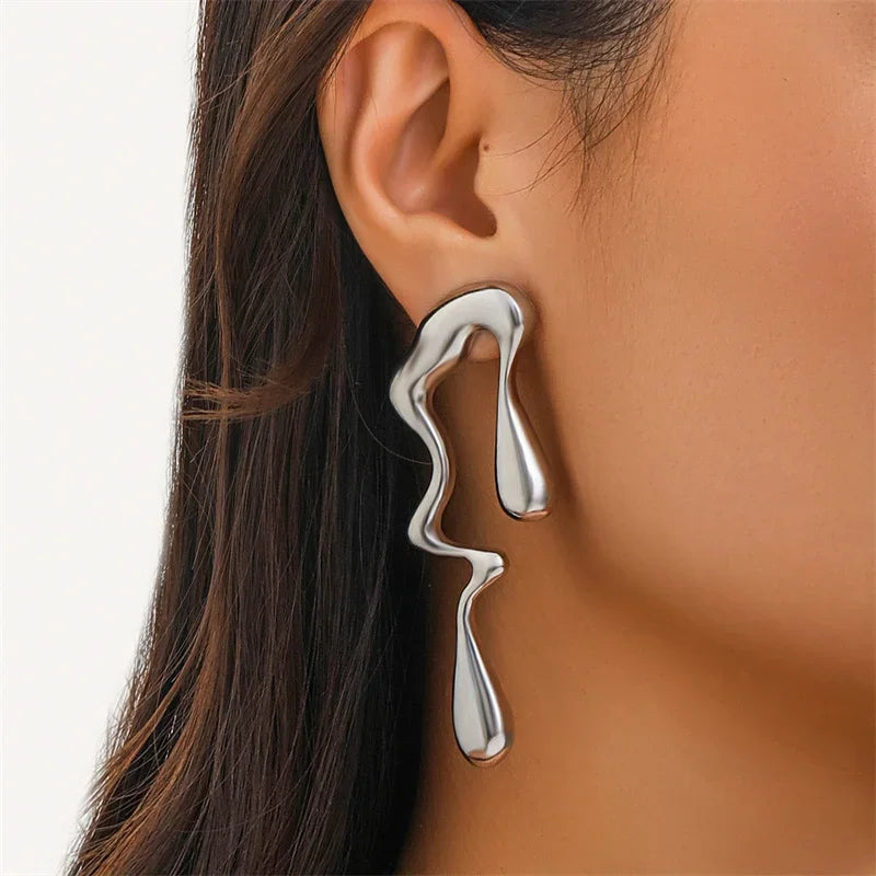 Creative Metal Irregular Water Drops Stud Earrings for Women Vintage Gold Color Geometric Long Earrings Jewelry Gifts