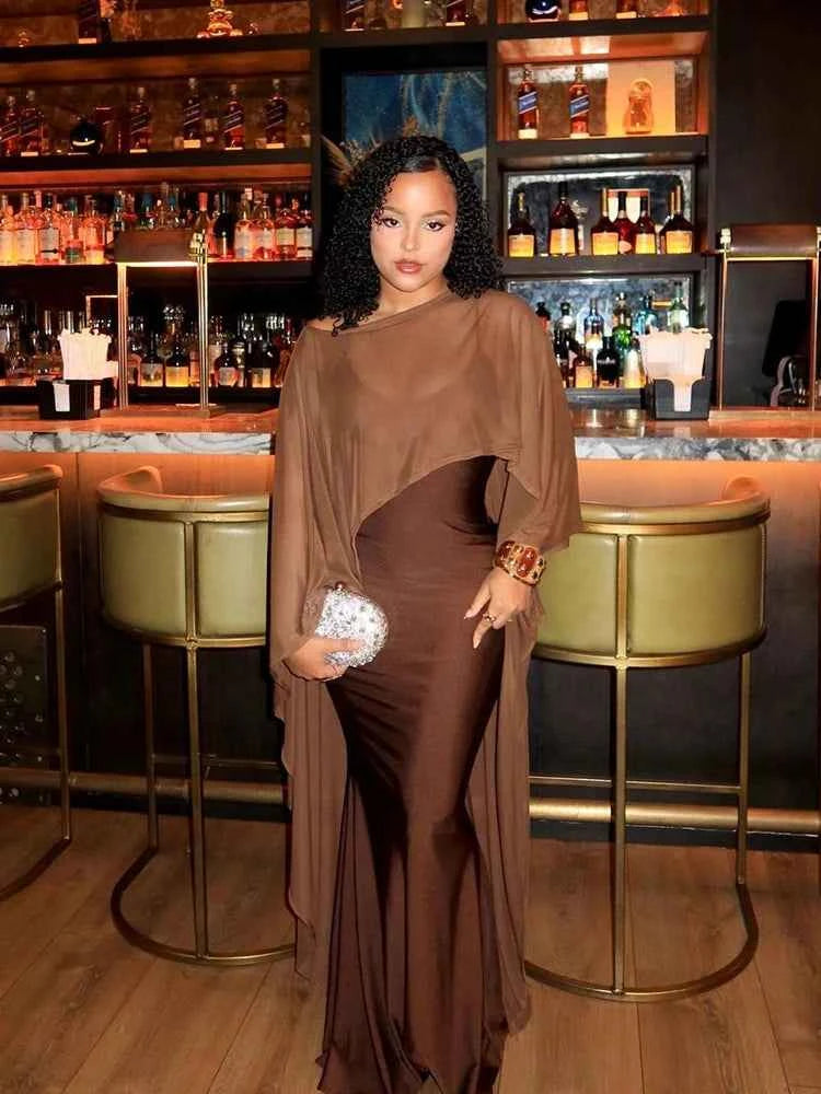 Kliou Sexy Fashion 2 Piece Set Woman Mesh Extended Shawl+Low-Neck Sleeveless Skinny High Waist Sling Vestidos Elegant Dress Suit