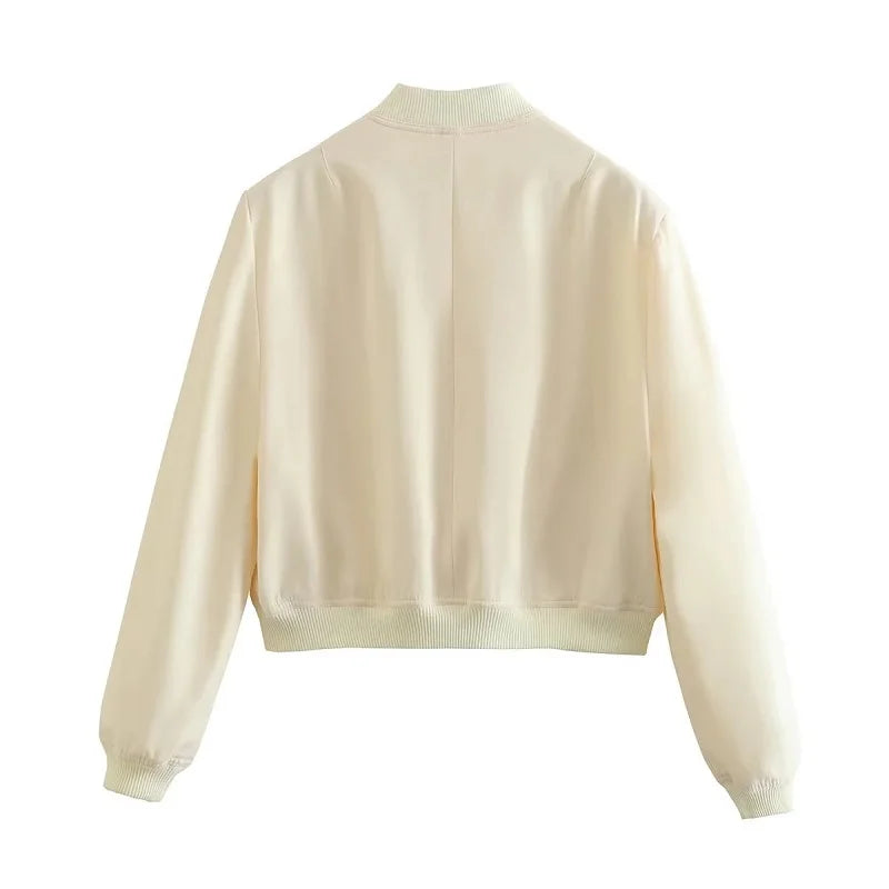 MUJER 2025 Woman Bomber Jacket White Autumn Winter Button Cropped Jackets for Women Fashion Long Sleeve Women Coats Outerwears