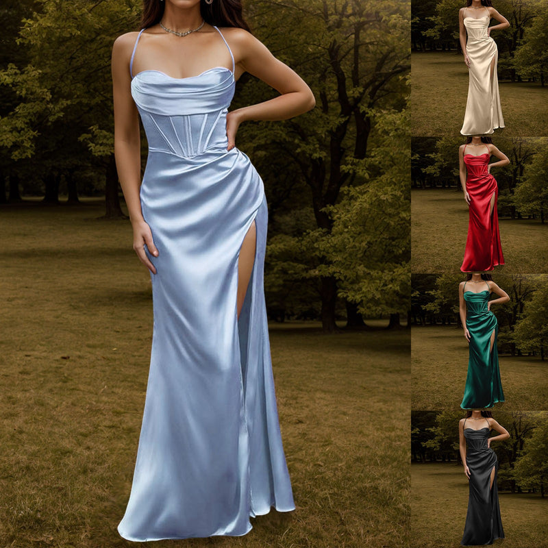 Women Sexy Satin Corset Maxi Dress Silky Strap Push Up Fishbone Ruched Evening Party Long Dresses Chic Elegant A-Line Dress