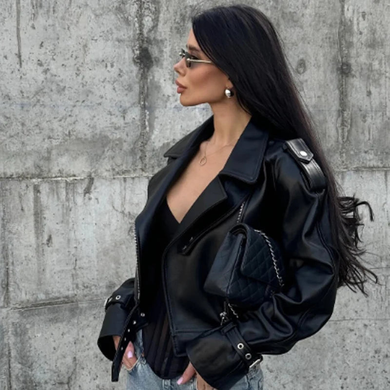 HXAO Black Pu Leather Jacket Women's Jacket Autumn 2025 Crop Asymmetric Zip Coat Long Sleeve Outerwears Chic Motorcyclist Jacket
