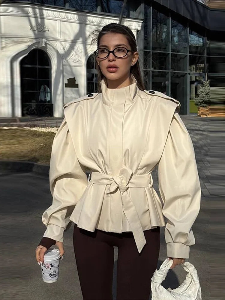 Fashion Stand Collar Belted Waist Short Jacket For Women Casual Puff Sleeve Wide Shoulder Coat Lady 2026 Chic Street Outerwear