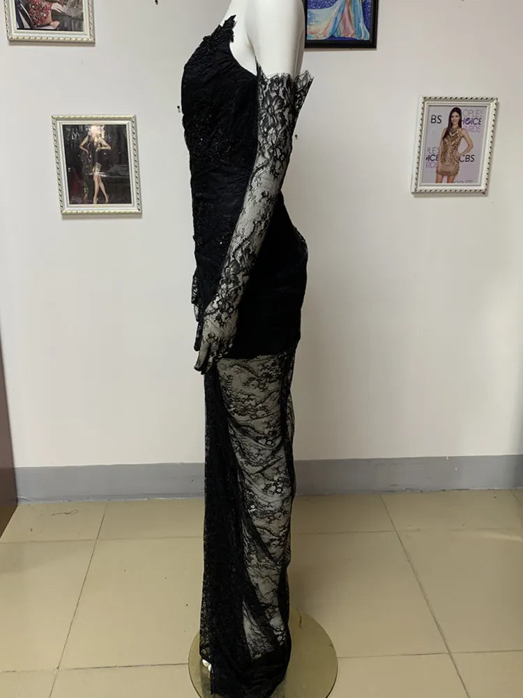 Luxury Designer Fashion Women Black Strapless Lace Embroidery Bodycon Open Leg Long Dress with Gloves Formal Evening Party Gowns