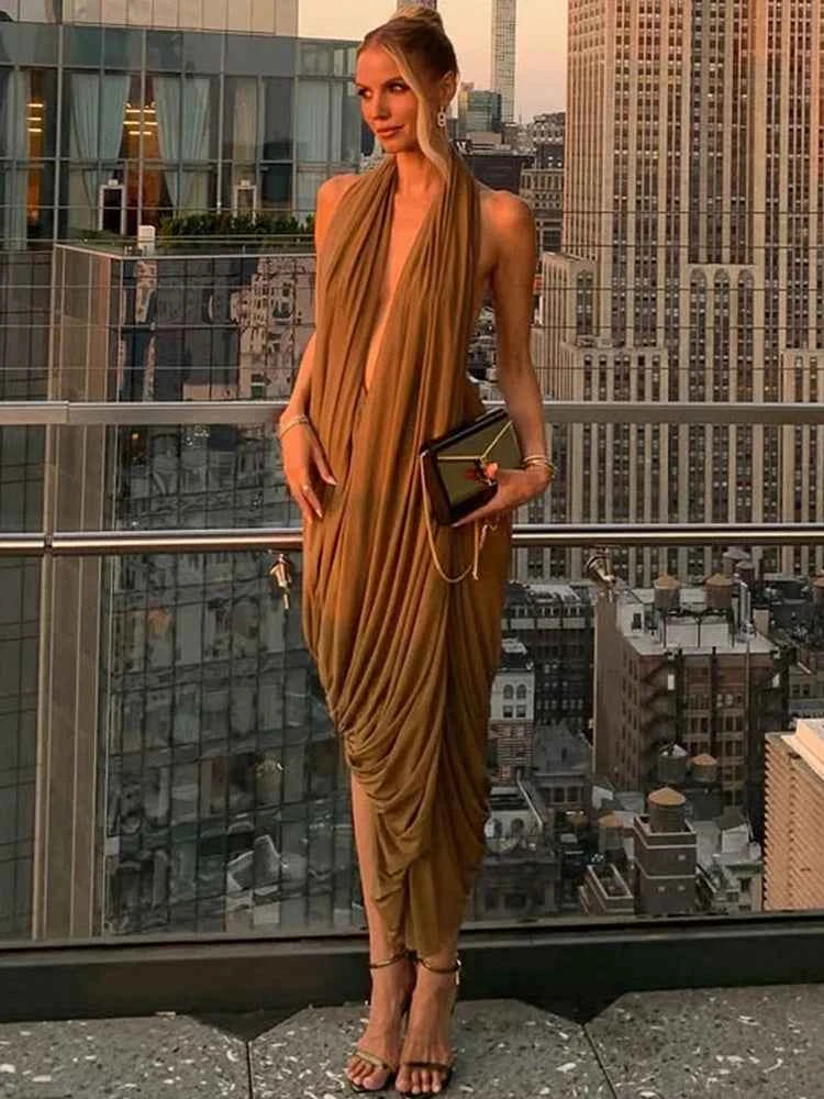 Weird Puss Coquette Ruched Halter Dress Women Deep v-Neck Backless Sleeveless Sexy Elegant Prom Cocktail Party Stretch Bodycon
