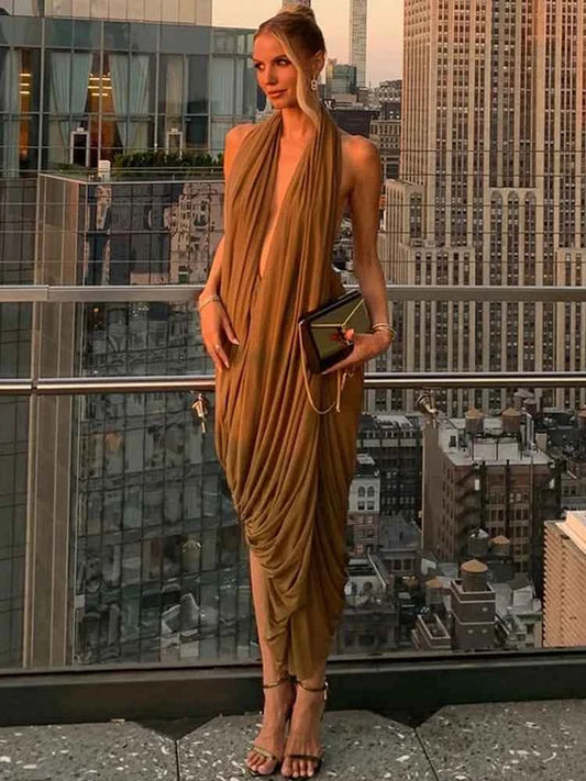 Weird Puss Coquette Ruched Halter Dress Women Deep v-Neck Backless Sleeveless Sexy Elegant Prom Cocktail Party Stretch Bodycon