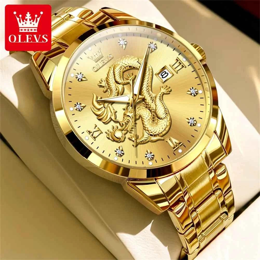 OLEVS Men's Watches Top Brand Fashion Original Quartz Watch for Man China Loong Dragon Dial Waterproof Luminous Date Olevs 3619