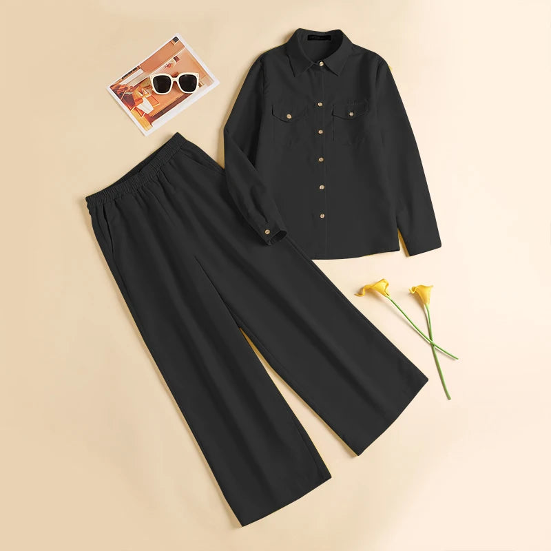 Women Elegant Lapel Neck Long Sleeve Shirt Pants Sets 2PCS Fashion Autumn Outifits Solid Work Trousers Suits Tracksuit