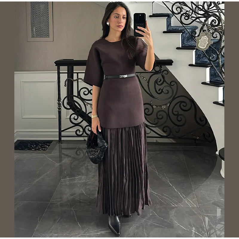 Vestido longo elegante com decote redondo e manga curta, moda feminina, liso, plissado, gaze, patchwork, 2025, novo, para escritório
