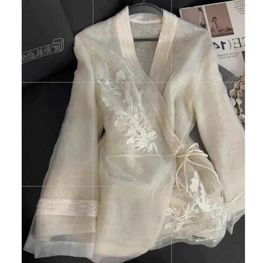 Fashion Chinese Style Embroidery Shirt Women's Mesh Fairy Gentle Style 2026 New Gentleman's Feelings Tops Shirt V-neck Pattern