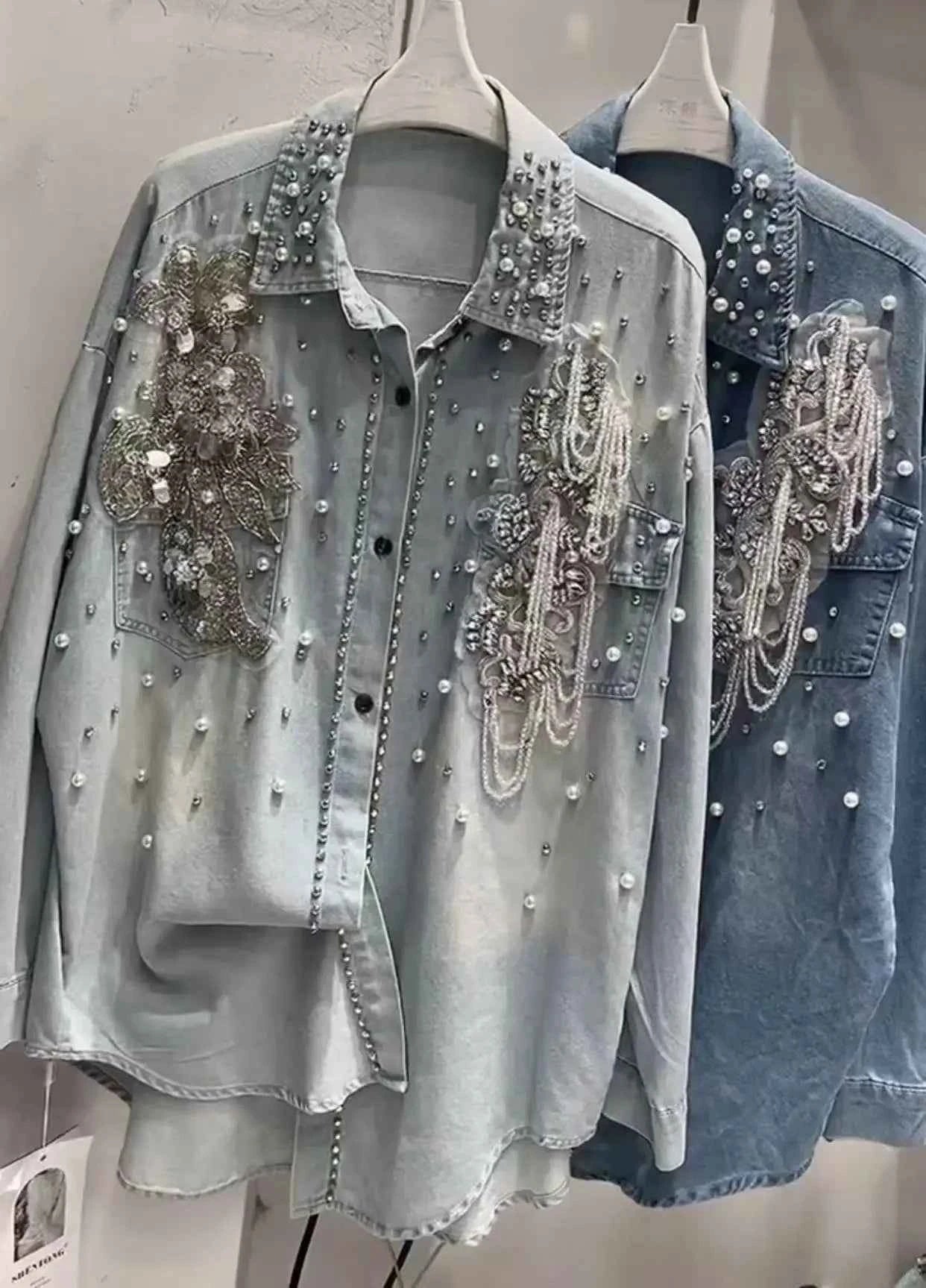 New In 2025 Autumn Trend Crystal tassel Stitch Denim Shirts and Blouses Women's Loose Casual Denim Top  Jacket Woman Clothes