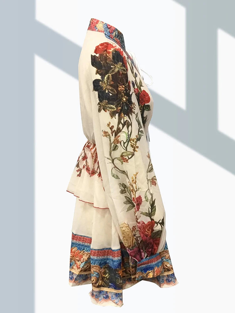 Bohemian Ethnic Style Women's Mini Dress Fashion O-Neck Lantern Sleeves Retro Floral Pattern Print Lace-Up Mini Dresses 2025