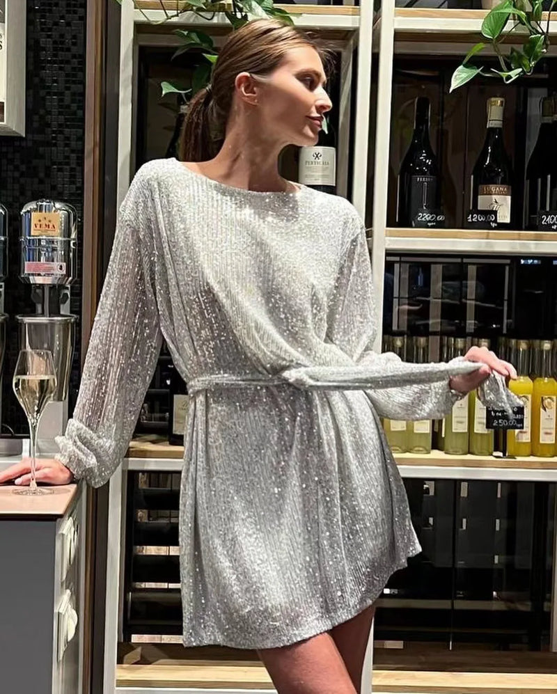 Fashion sequined Pearl color waist dress evening dress skirt women's dress