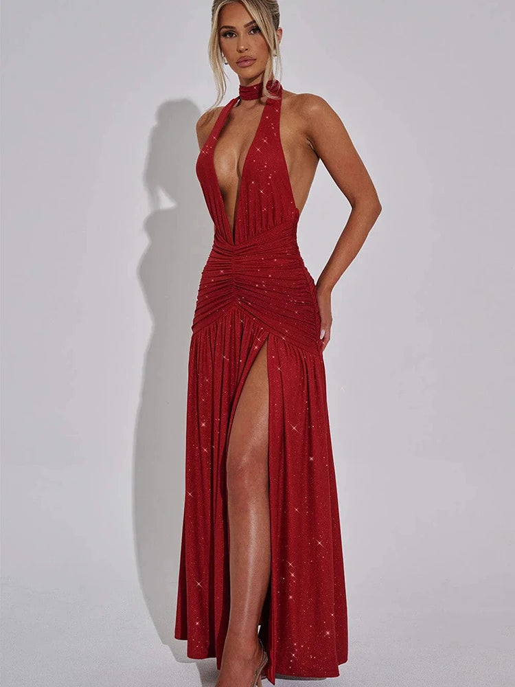 JULISSA MO Glitter Bright Silk Deep V-neck Women Maxi Dress Khaki High Slit Halter Dress Spring Slim Elegant Party Evening Dress