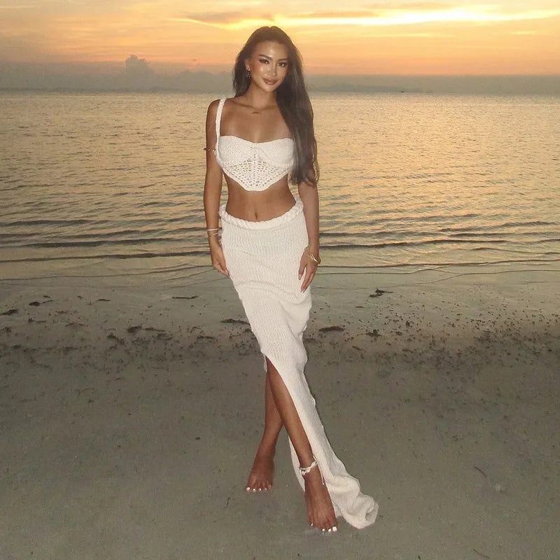 Sexy Knit Crop Tops Skirt Sets Women Sleeveless Backless Sling Tank Long Hip Package Skirts 2025 Holiday Beach 2 Piece Set Lady