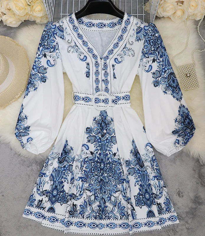 Vestido feminino elegante  manga lanterna, decote em V, estampa boho, vestido vintage, cinto solto, vestidos de festa