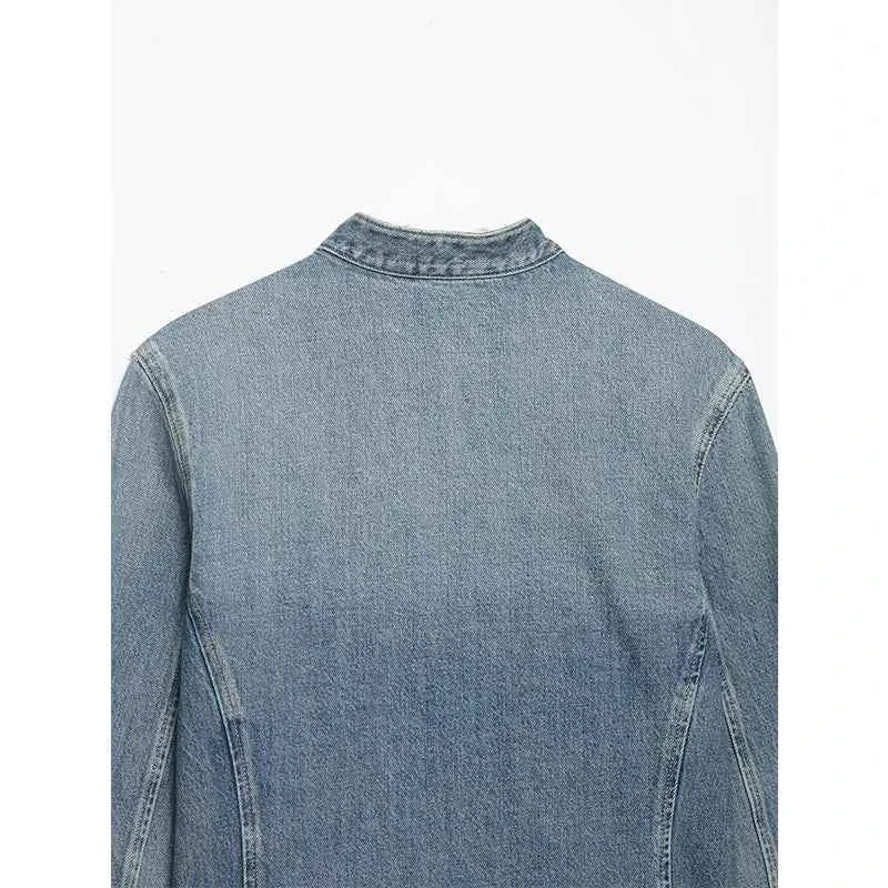 YENKYE Women's Cropped Denim Jacket Front Button Frayed Hem Stand Collar Streetwear Coat