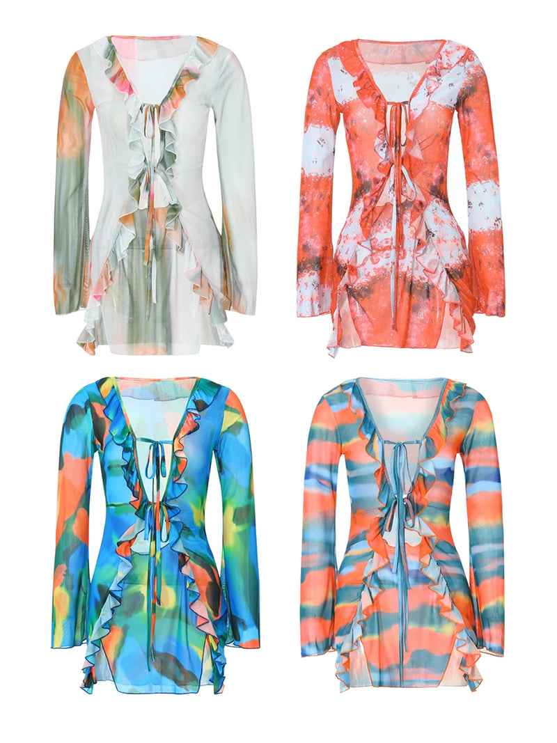 Women Mini Dress Long Sleeve Lacing Tie-dye Print Patchwork Slit Bodycon Dress for Club Party