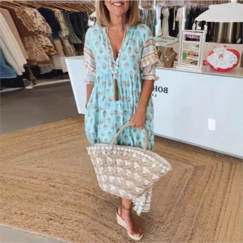 Boho Printed Chic V-neck Tassel Long Dress Women‘s Spring Pocket Party Dress Fall Half Lantern Sleeve Ruffles Maxi Dress Summer