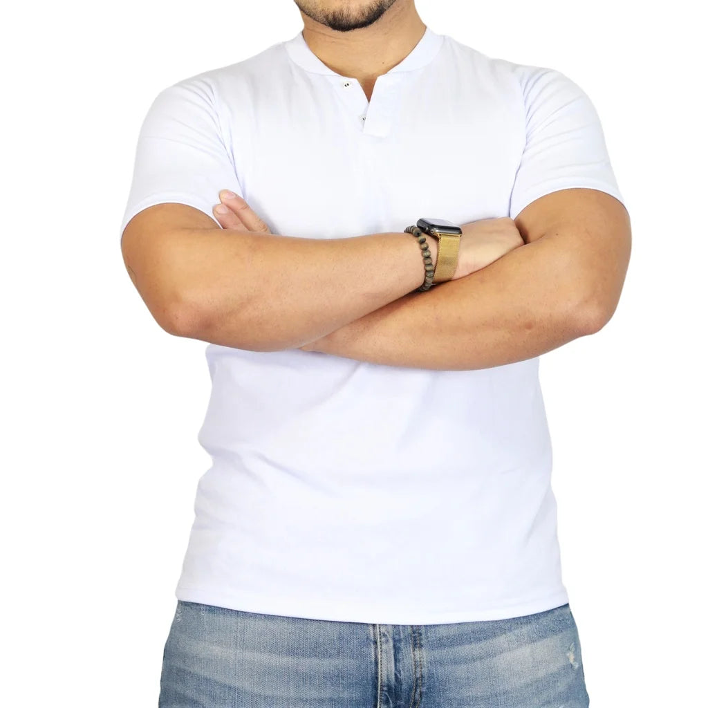 HENLEY 2 Buttons Slim Fit Short Sleeve T-Shirt-WHITE