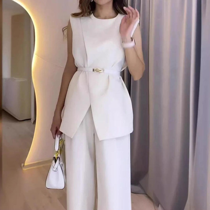 Two Piece Sets Women Pants Set Round Neck Belt Sleeveless White High Waist Tops Solid Wide Leg Long Pants Slim Fit Elegant - CRAVO ROSE