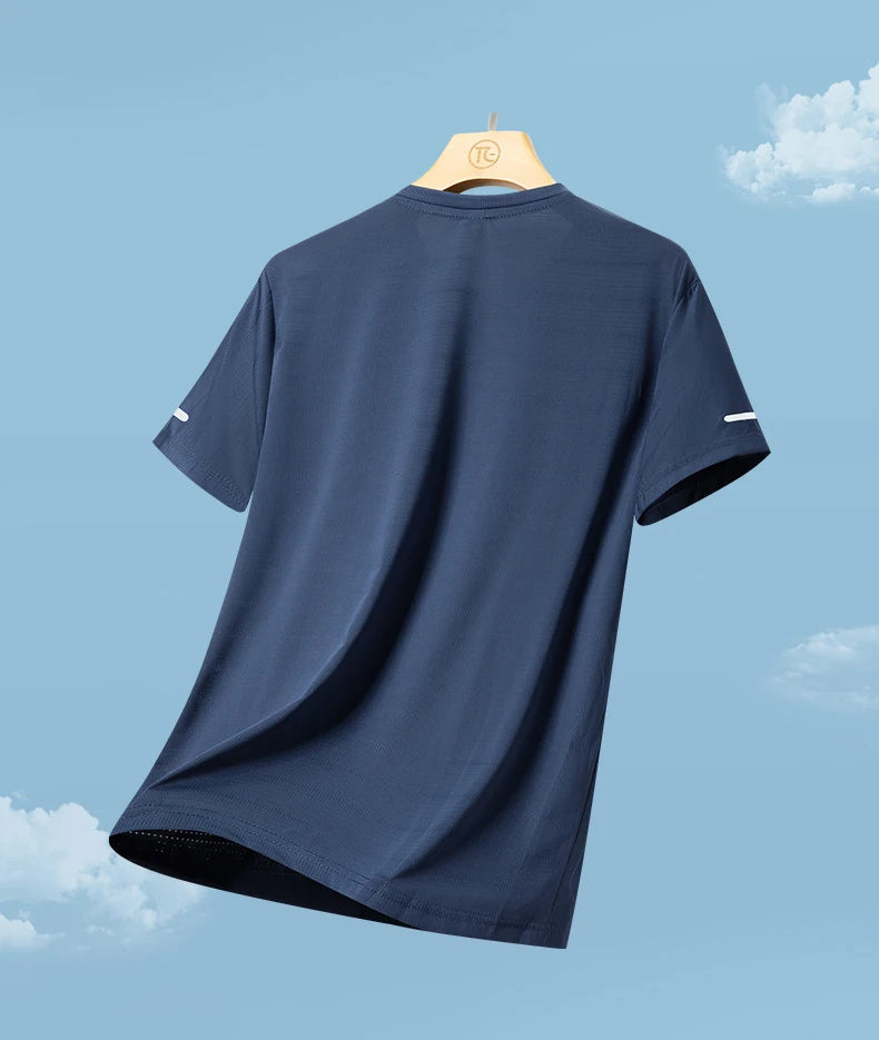 Camiseta masculina de manga curta, de seda gelada, de secagem rápida, para o verão, ideal para corrida ao ar livre, fitness e esportes.