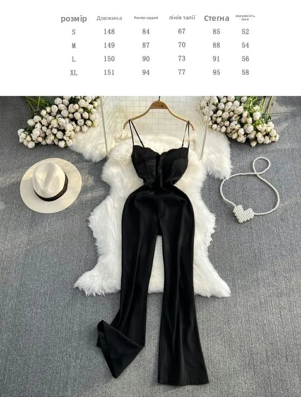 Elegant V-Neck Strap Dress Casual High Waist Slimming One-Piece Wide Leg Pants Long Loose Fitting Women's Online Exclusive