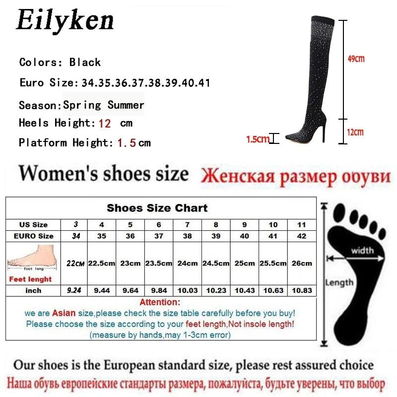 Eilyken Design Cristal Strass Tecido Elástico Sexy Salto Alto Meia Botas Acima do Joelho Bico Fino Pole Dancing Sapatos Femininos - CRAVO ROSE