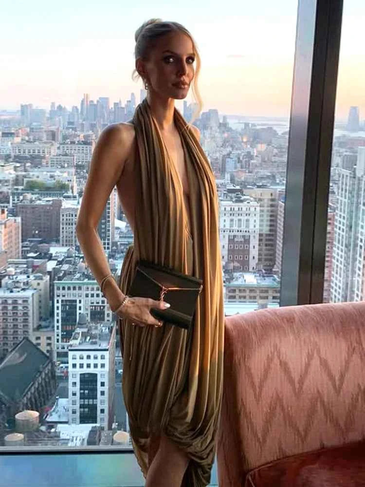 Nibber Ruched Halter Maxi Dress Women Sleeveless Backless Irregular Hem Solid Vacation Classic Basis Prom Party Elegant Vestidos