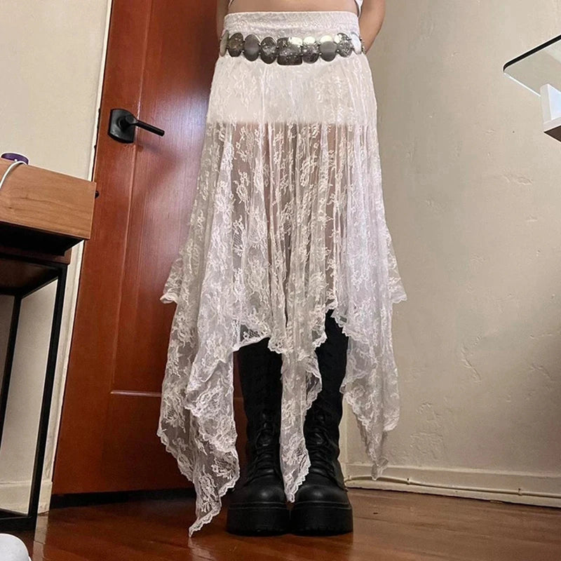 Saia feminina de renda elástica de cor sólida casual de verão transparente irregular saia em linha A para férias clube streetwear roupas estéticas