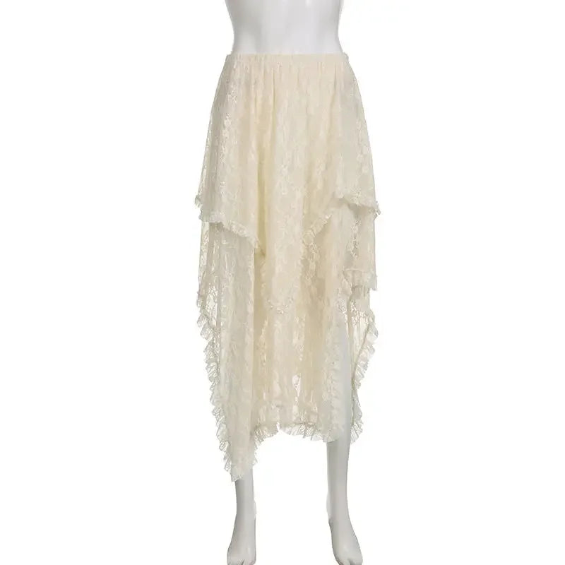 Saia assimétrica de renda Fairycore feminina vintage Y2K Boho estética moda cintura alta saias médias femininas roupas de férias