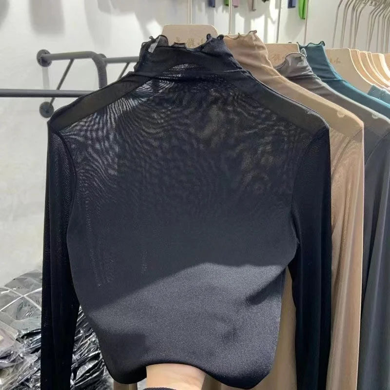 Women's Long Sleeve T-Shirt Lace  Mesh Base Shirt High Collar Pure Color Spring Autumn Fashion Breathable Comfortable Ski...