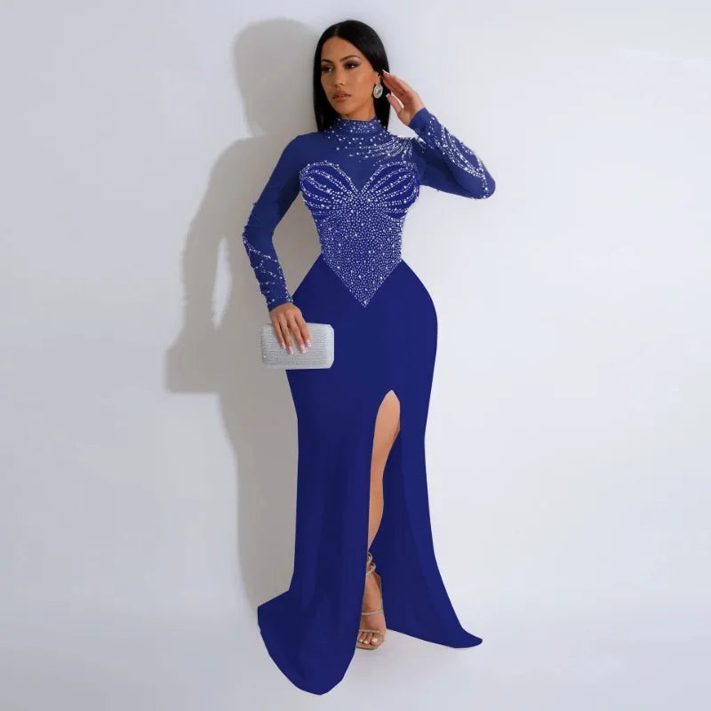 Diamonds Rhinestone Mermaid Evening Dresses Woman Elegant Luxury Wedding Mesh See Through Patchwork Prom Formal Long Dress Night