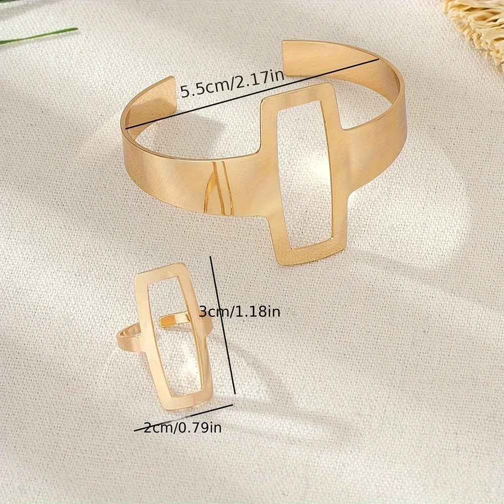 2pcs New Fashion Simple Design Geometric Open Bracelet Ring Set, Women's Personalized Trend Holiday Party Accessories Gifts