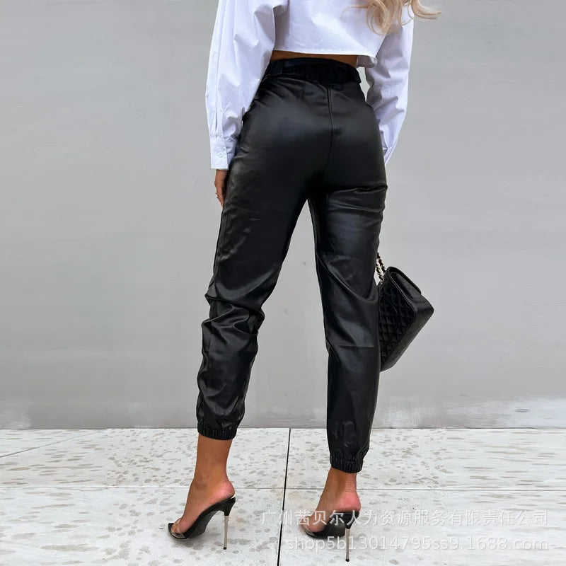 Calça Mandylandy Preta com Amarração no Tornozelo em PU para Mulheres Verão Calça Lápis de Couro Cintura Média Streetwear Preta Casual Bolsos Calça de PU
