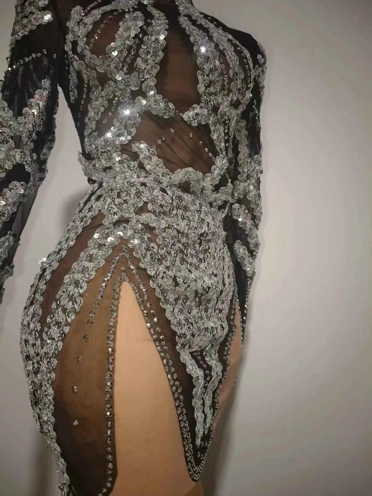 Sparkly Sequin Mesh See Through Mini Dress Women Celebrate Birthday Evening Party Nightclub Sexy Stage Performance Outfit