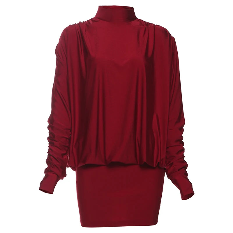 Nibber Backless Dress Women Full Sleeve Turtleneck Folds Solid Skinny Birthday Party Autumn Trend Elegant Chic Mini Bodycon