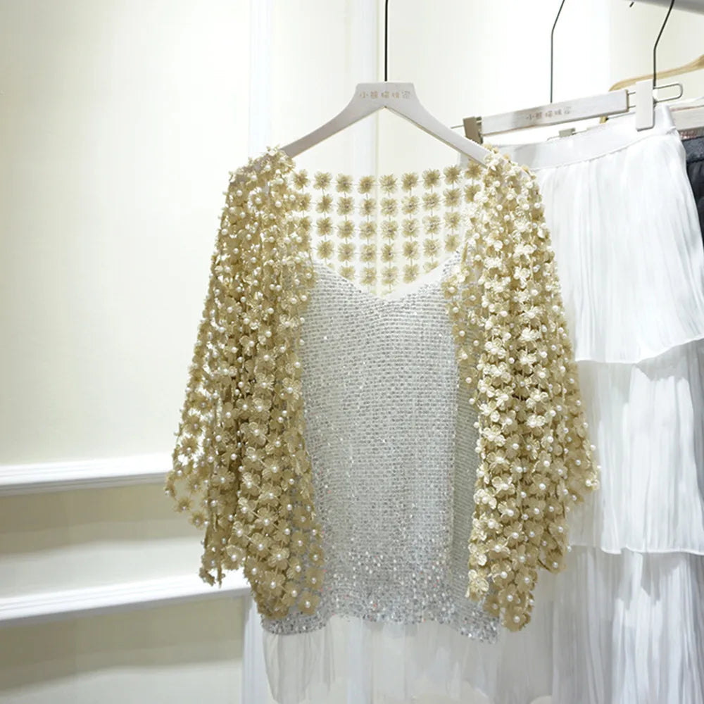Women Beads Coat 2025 Summer Style Women Perspective Shawl Fashion Hollow Out Lace Boleros Short Sleeve Coats Jackets Femal