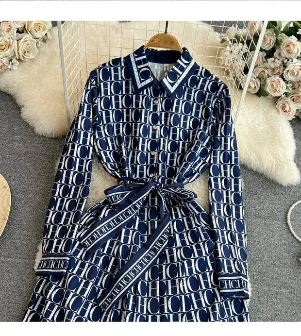 Elegant Retro Long Sleeve Print Shirt Dress Slimming A-Line High Waist Spring Autumn Korean Style Women's City Commute Dress