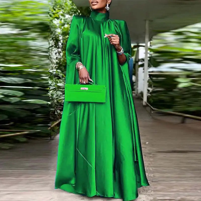 VONDA Women Elegant Satin Dress 2024 Fashion Long Bat Sleeve Stand Collar Evening Pleated Maxi Sundress Casual Solid Loose Robe