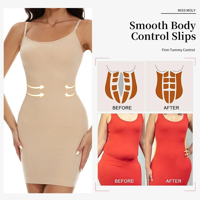 Women Shapewear Full Slip Tummy Control Scoop Neck Cami Mini Under Dress Smooth Body Shaper Seamless Spaghetti Straps Lingerie