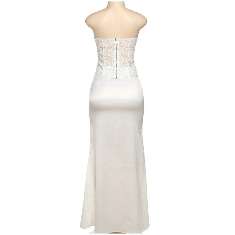 Conjuntos elegantes de renda e cetim com top e saia longa femininos, blusa justa e ombro de fora, robes femininos para festa de verão e noite