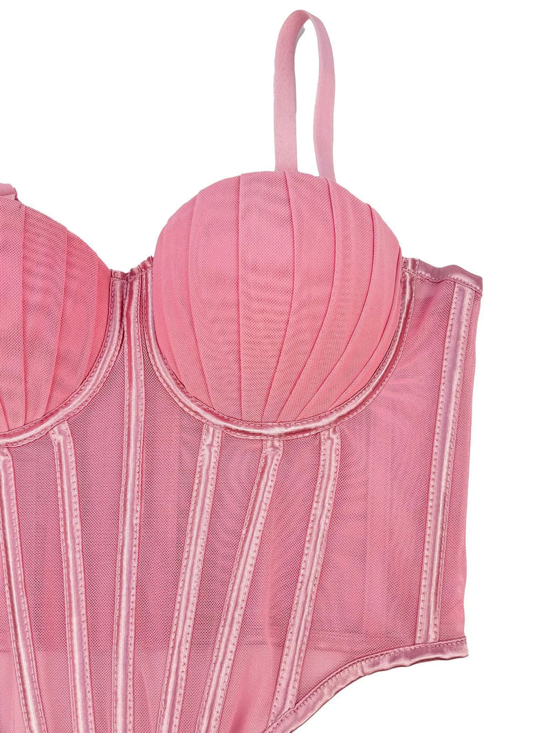 Corpete transparente de malha feminino, faixa espinha de peixe na cintura, corpete bustiê, tops sensuais